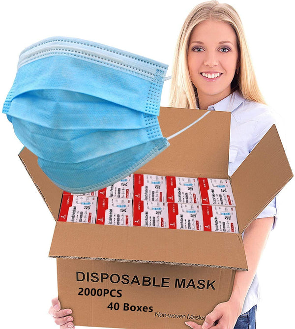 1 Carton / 40 Boxes (2000 masks) Three Layer Disposable Face Mask - Comfortable, Breathable - Wrapped in Packs of 10