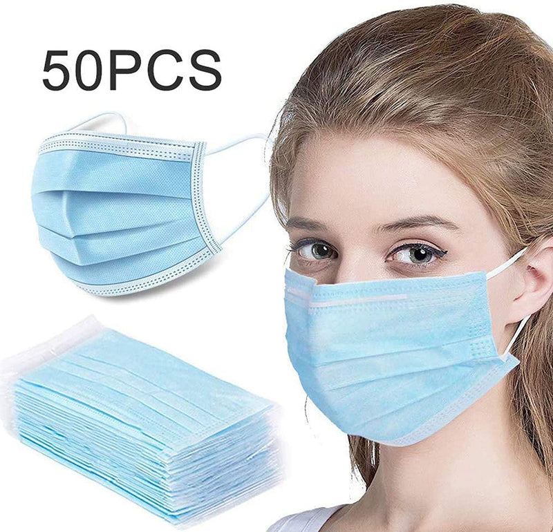 (50 Pack) Three Layer Disposable Face Mask - Comfortable, Breathable - Wrapped in Packs of 10