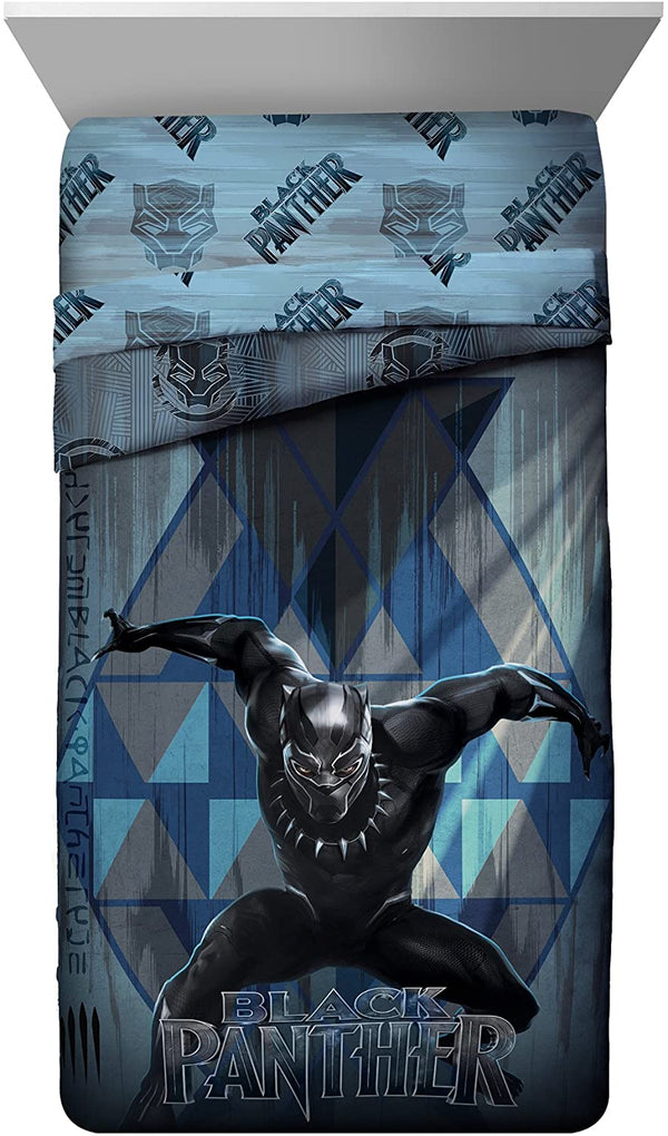 Jay Franco Marvel Black Panther Blue Tribe Super Soft Kids 4 Piece Twin Size Bed Set - Fade Resistant Polyester Microfiber Fill