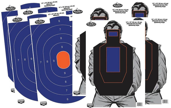 DIRTY BIRD COMBO 12" X 18" 4-BLUE/ORANGE OVAL & 4-BAD GUY IPSC SILHOUETTE T